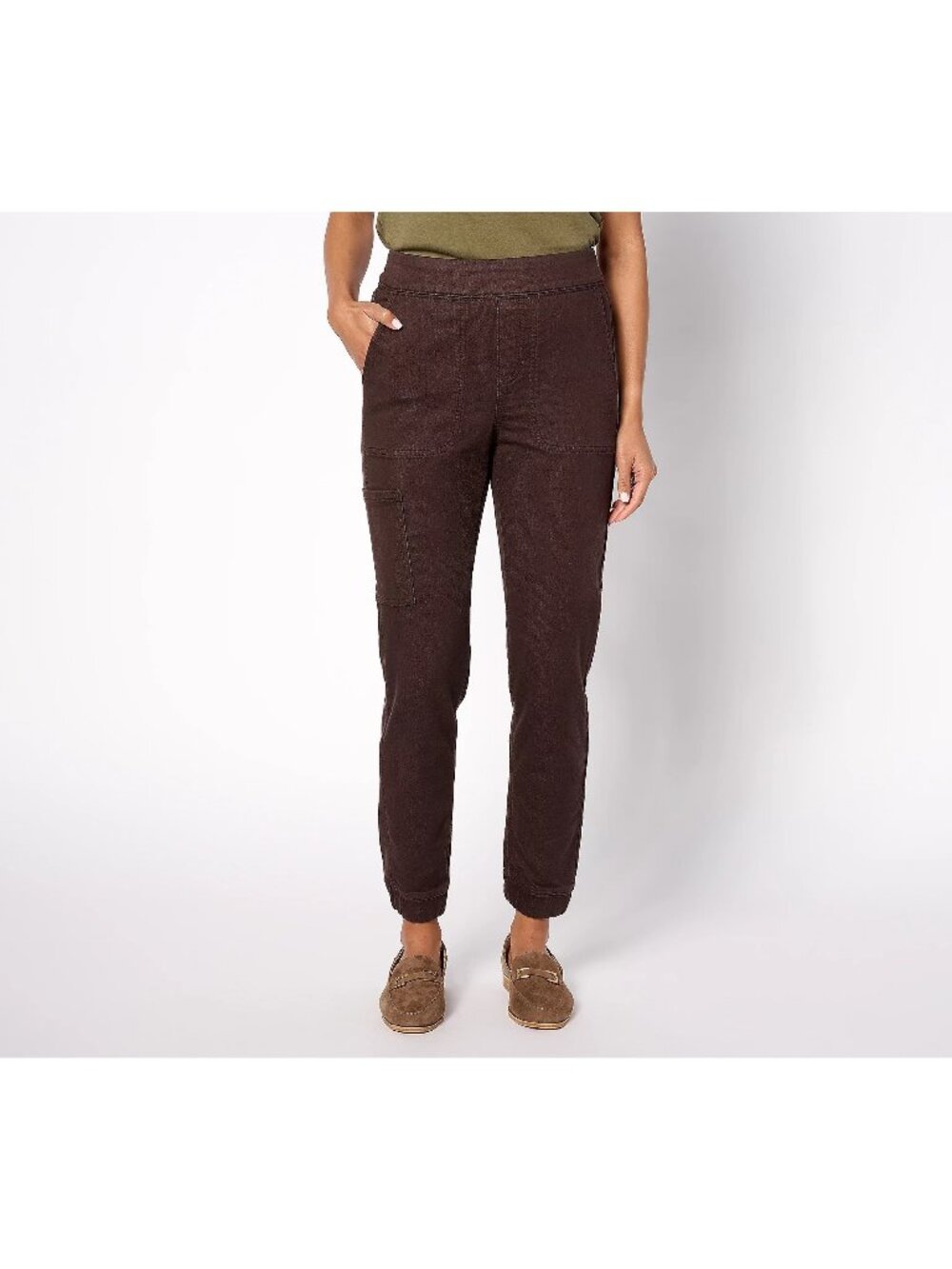 Denim & Co. Cargo Jogger XS Petite Pull On Comfy Knit Denim Dark Chocolate Brown
